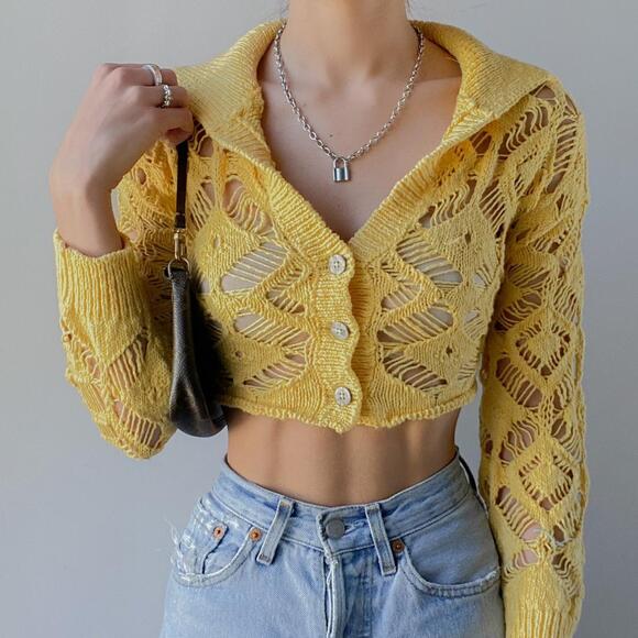 Free People golden yellow crochet cropped cardigan sweater - Picture 1 of 7